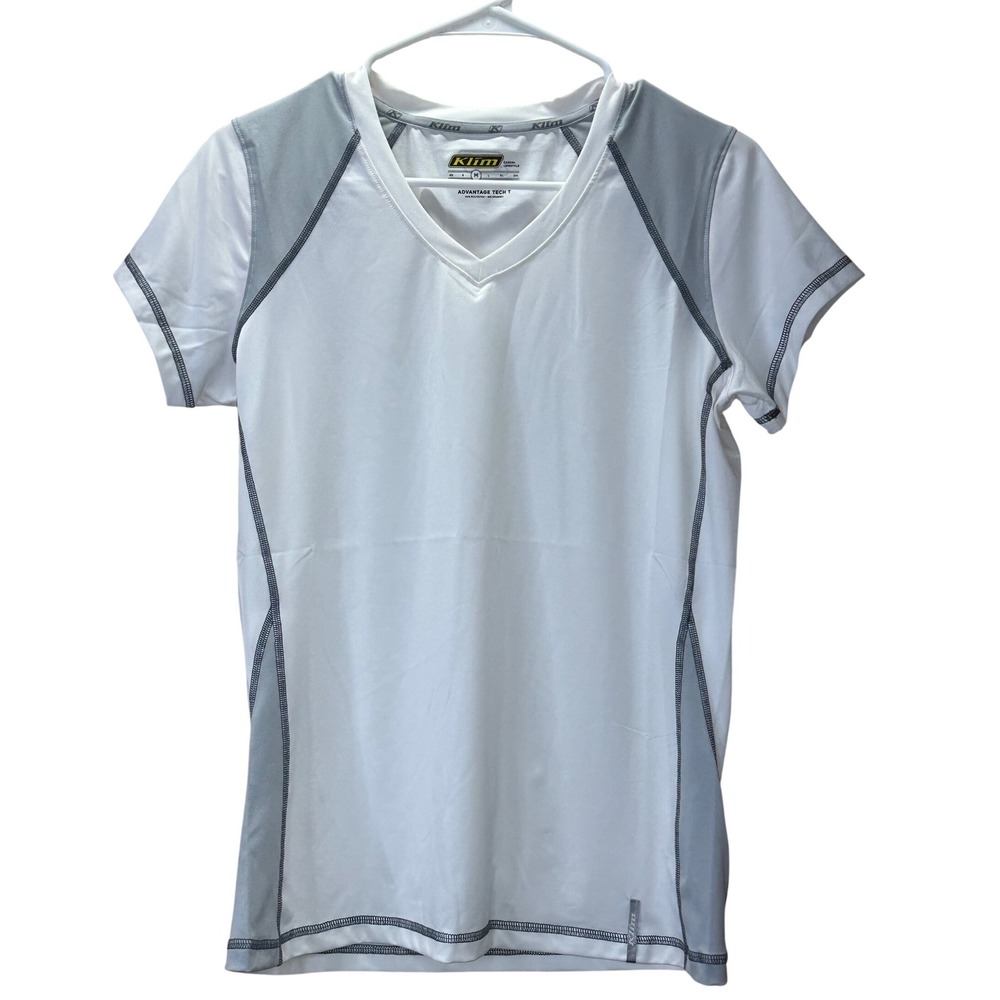 Klim Advantage Tech T‎ Womens Medium White Grey V-Neck Athletic Shirt 5048-002